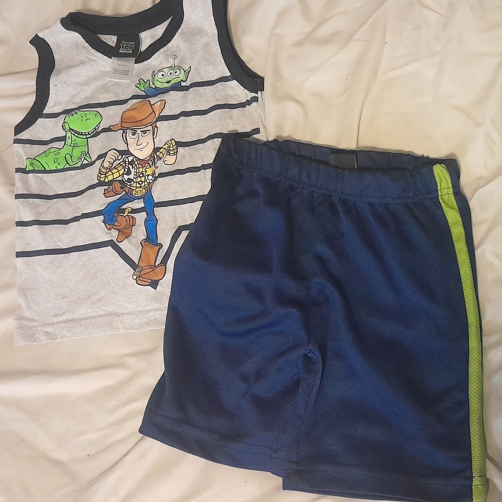 Toy Story Woody Tank and Navy Athletic Shorts Set - Gray/Blue/Green Sz4